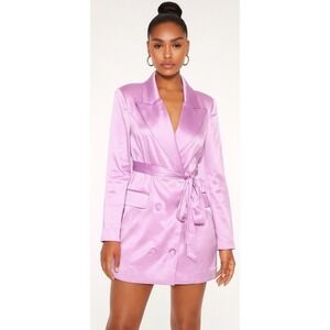 Naked Wardrobe Blazer Dress S‎ Lavender Satin Tie Front Mini Structured NEW